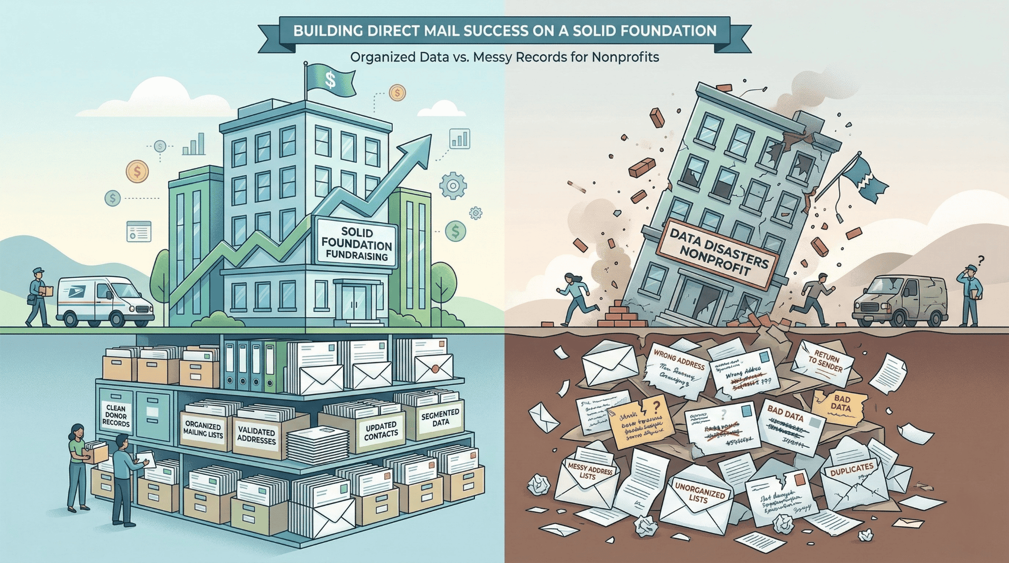 A graphic design featuring abstract shapes and colors, likely representing concepts related to fundraising.