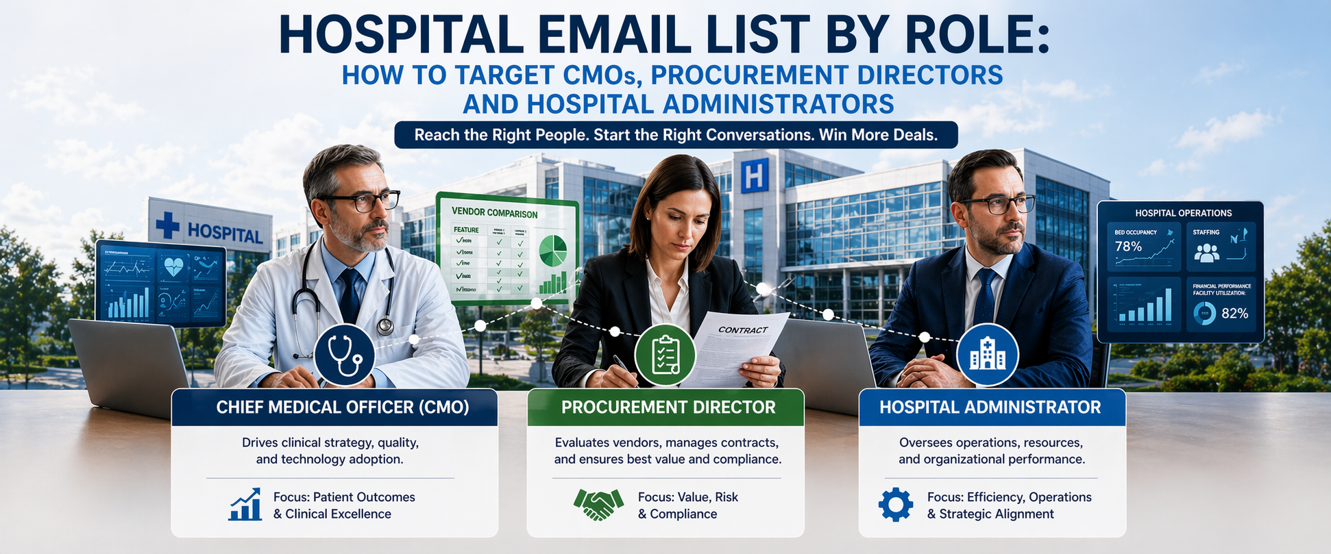 Ultra-wide corporate infographic showing three hospital decision-makers—a Chief Medical Officer, Procurement Director, and Hospital Administrator—seated in front of a modern hospital, with labeled roles, responsibilities, and performance metrics.
