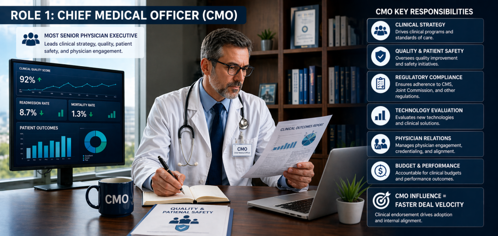 Ultra-wide infographic showing a Chief Medical Officer reviewing clinical reports at a desk, alongside panels outlining key responsibilities such as clinical strategy, patient safety, compliance, technology evaluation, and budget oversight.