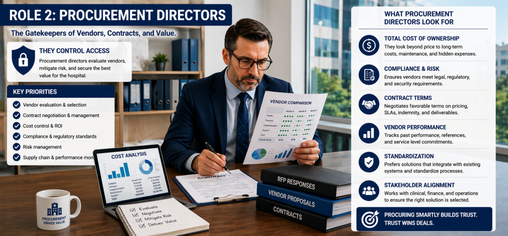 Ultra-wide infographic showing a procurement director reviewing vendor comparison documents at a desk, with panels highlighting priorities like cost control, compliance, contract negotiation, and vendor performance.