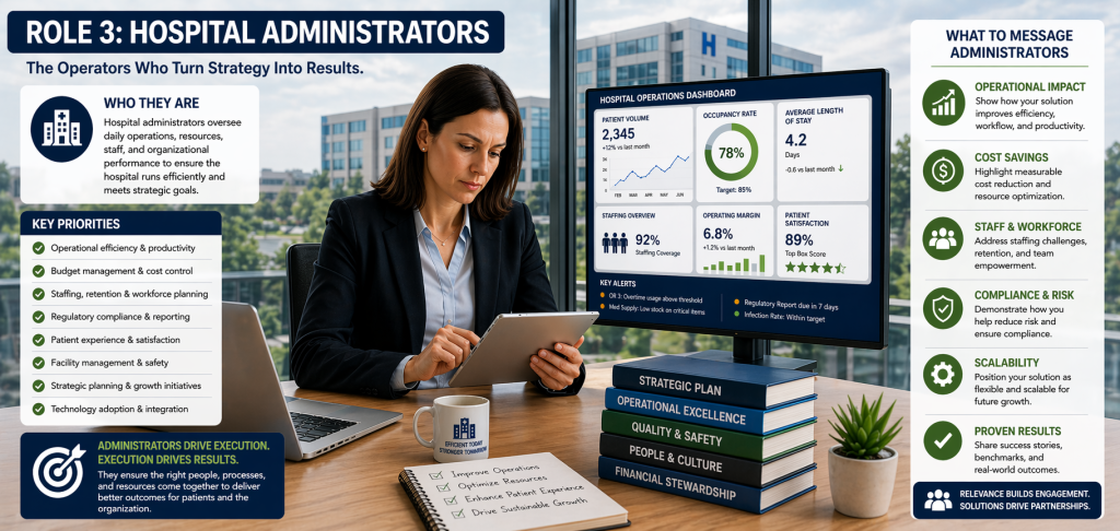 Ultra-wide infographic showing a hospital administrator reviewing operational data on a tablet, with panels outlining priorities like efficiency, cost control, staffing, compliance, and strategic planning.