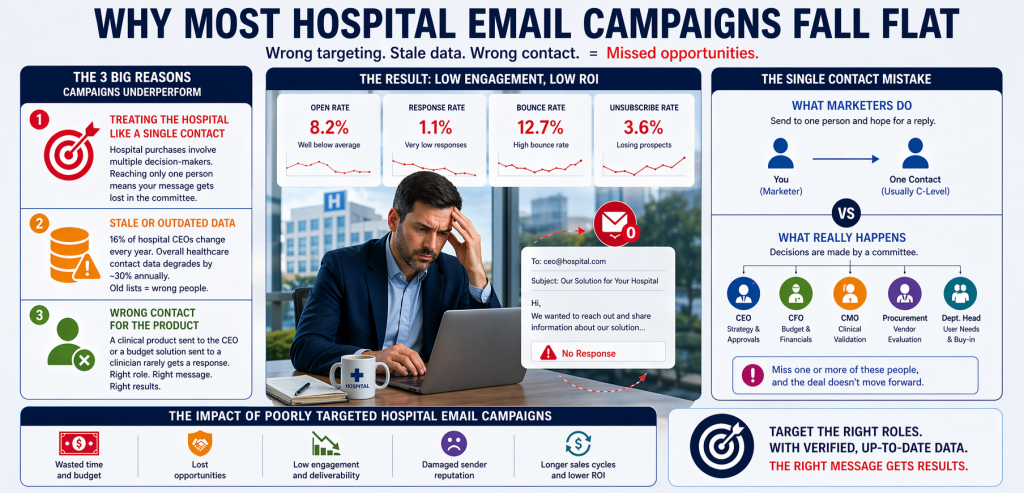 Ultra-wide infographic showing reasons hospital email campaigns underperform, including poor targeting, outdated data, and wrong contacts, alongside metrics like low open rates, high bounce rates, and missed opportunities.