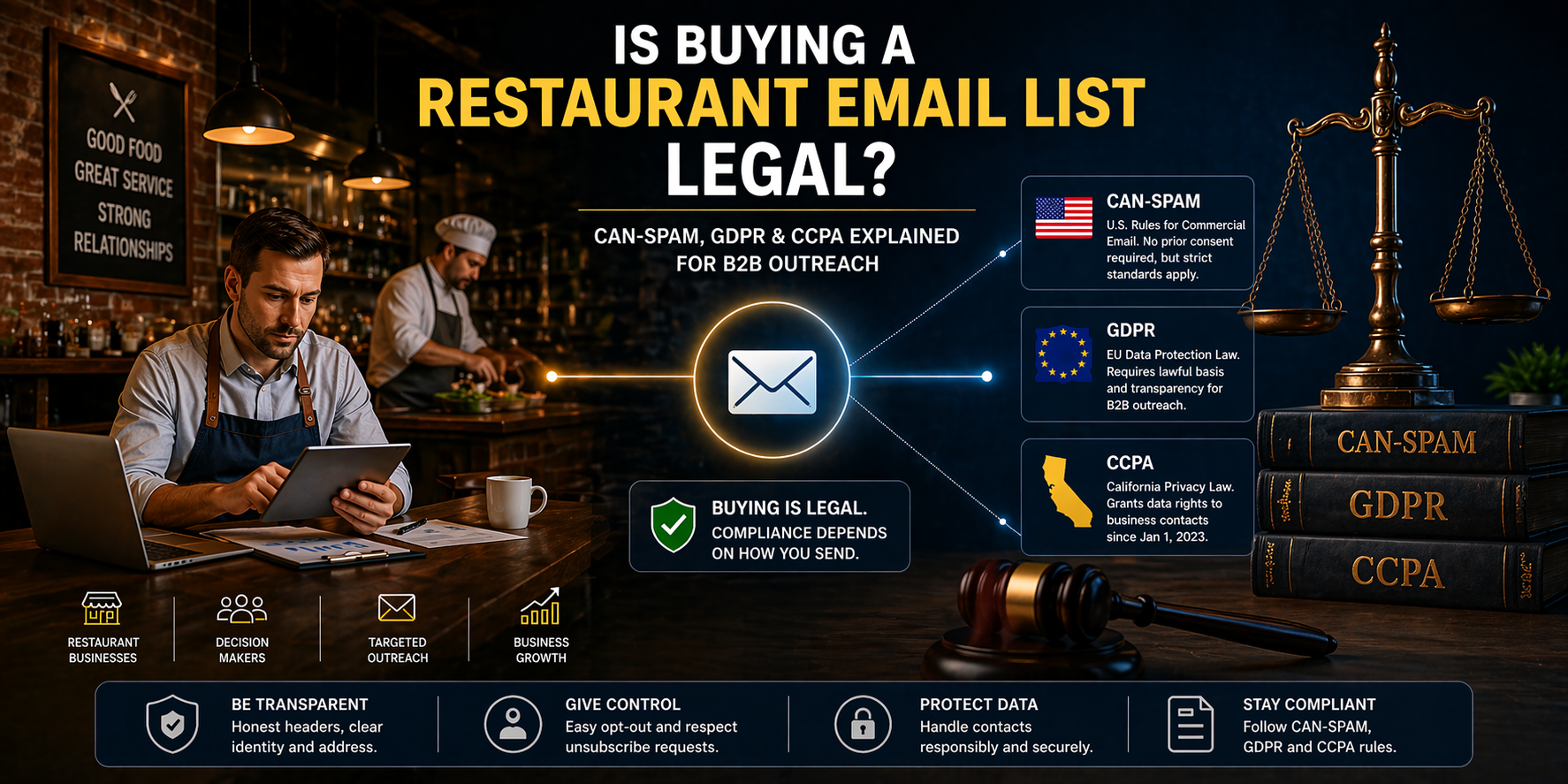 Ultra-wide banner showing a restaurant setting with a business owner using a tablet, alongside legal references to CAN-SPAM, GDPR, and CCPA, explaining that buying email lists is legal but depends on compliant usage and responsible data handling.