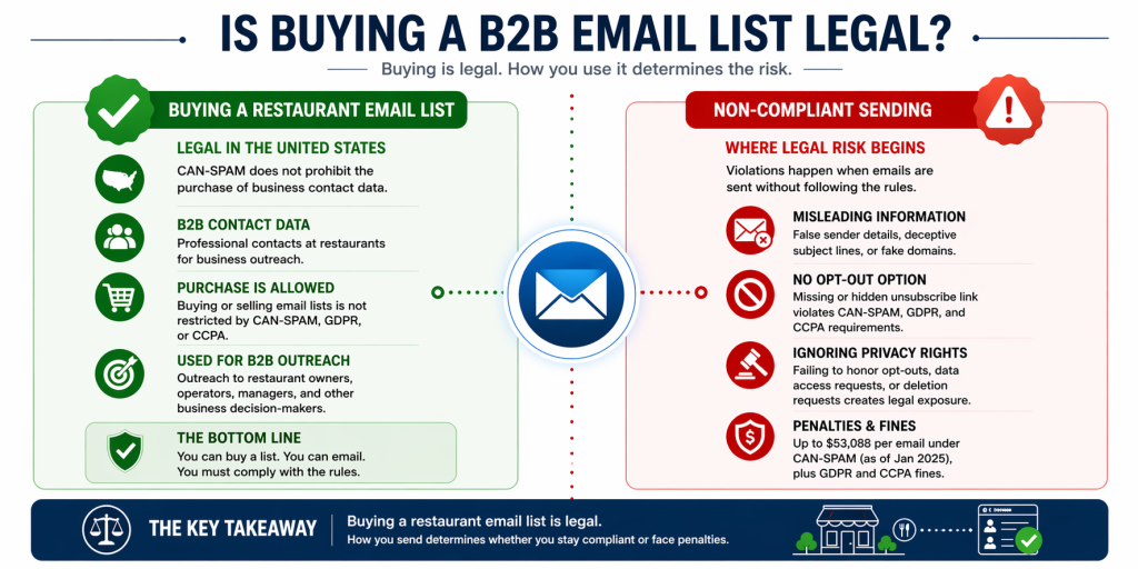 Ultra-wide infographic comparing legal use of purchased B2B restaurant email lists with non-compliant practices, highlighting CAN-SPAM guidelines, proper outreach, and risks like misleading content, lack of opt-out, and legal penalties.