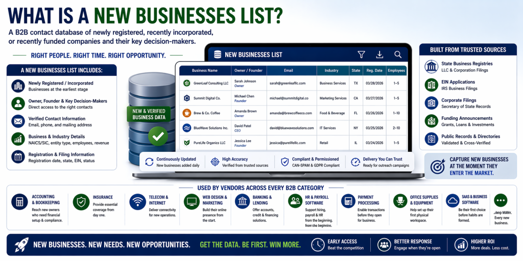 Infographic explaining what a new businesses list is, showing a B2B contact database of newly registered companies with owner details, industry, state, and registration date.