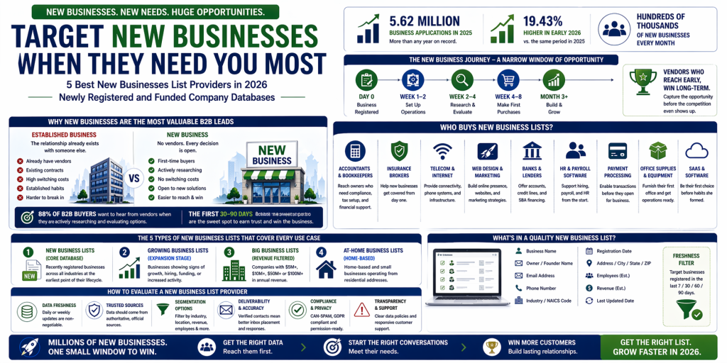 Infographic showing why new businesses are the most valuable B2B leads in 2026, with data on 5.62 million business applications, the new business journey timeline, types of new business lists, and how to evaluate a list provider.