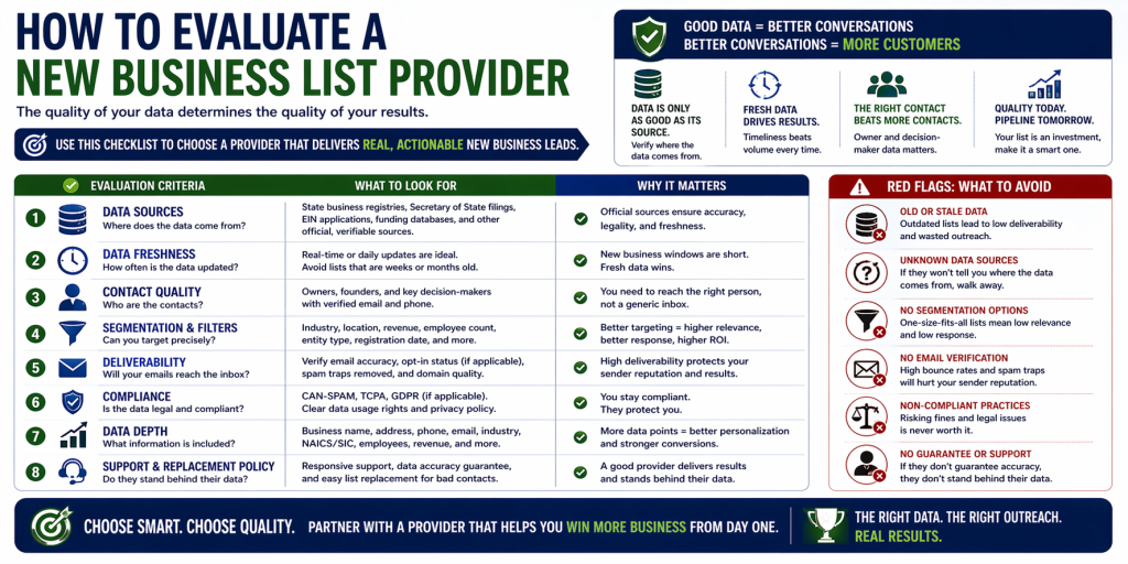 Infographic with an 8-point checklist for evaluating a new business list provider, covering data sources, freshness, contact quality, segmentation, deliverability, compliance, data depth, and support policy, plus six red flags to avoid.